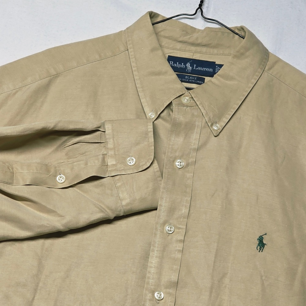 Ralph Lauren Blake Shirt Mens XXL Tan Silk Linen Blend Long Sleeve Button Down